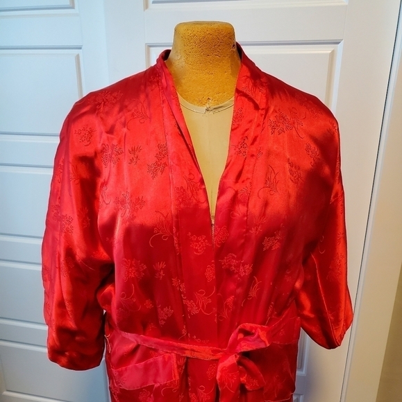 VINTAGE ASIAN INSPIRED 1980s LONG REVERSIBLE ROBE RED BLACK WOMEN SIZE XL - Picture 2 of 12